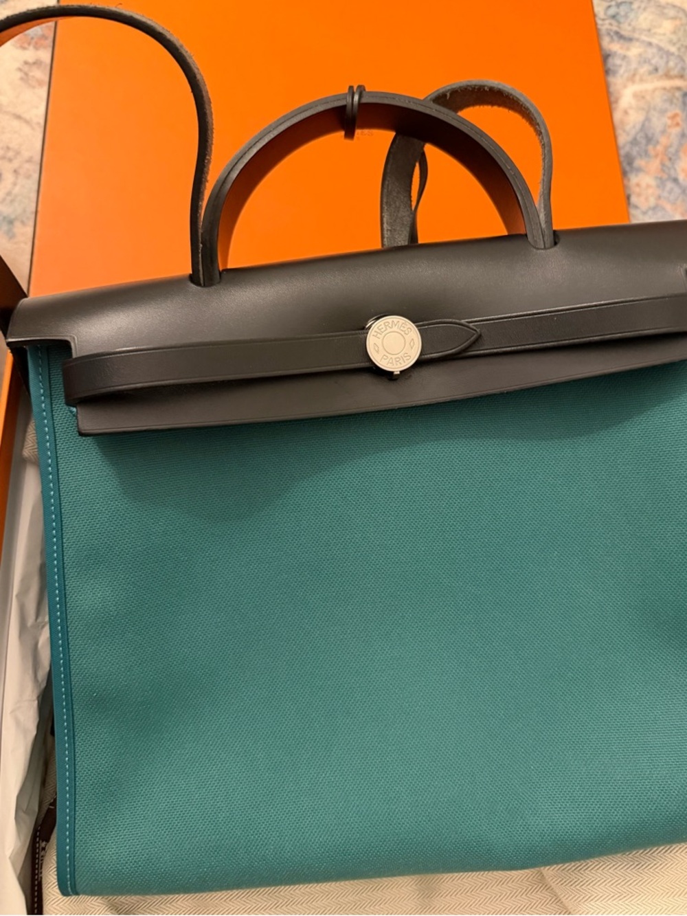 Hermès Herbag 31 Teal Canvas Black Leather Palladium Hardware